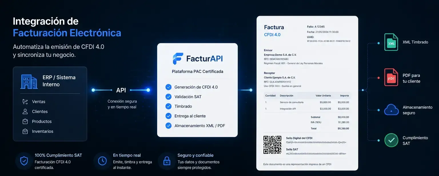 Diagrama de integración de facturación electrónica CFDI 4.0 conectando ERP con FacturAPI para timbrado SAT y entrega de XML y PDF al cliente - servicio DevActivo
