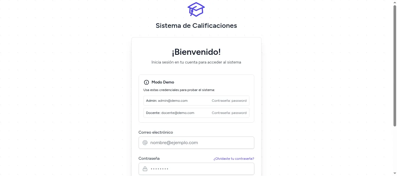 Pantalla 1 de Sistema de administración escolar para primaria: calificaciones y control de asistencia