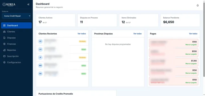 Proyecto: Software a la medida con sistema de cobranza para una empresa de reparación de crédito (Desarrollo a Medida · Aurea Credit Repair)