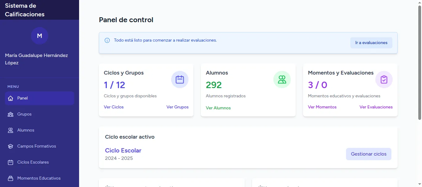 Pantalla 2 de Sistema de administración escolar para primaria: calificaciones y control de asistencia