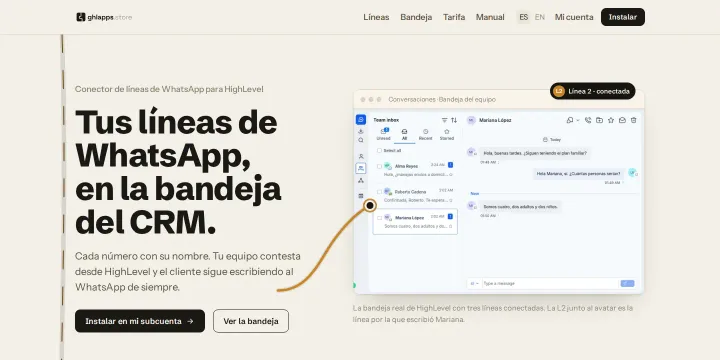 Proyecto: Página web para un conector de WhatsApp con HighLevel (Página de producto · ghlapps.store)