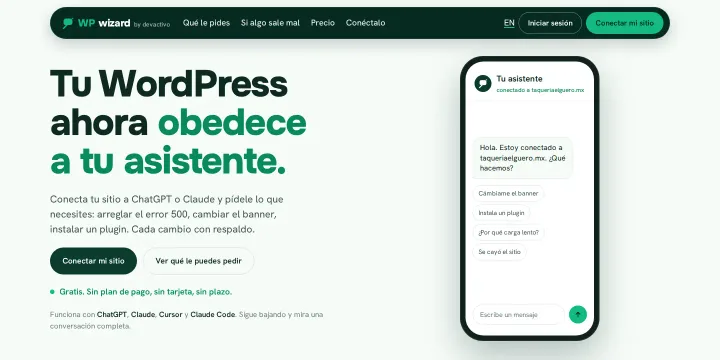 Proyecto: Sitio web para un asistente de WordPress, en español e inglés (Página de producto · WPwizard)