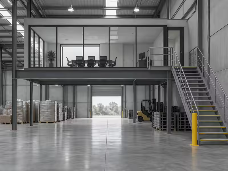 Bloque de oficinas en mezzanine con muro de cristal hacia la nave
