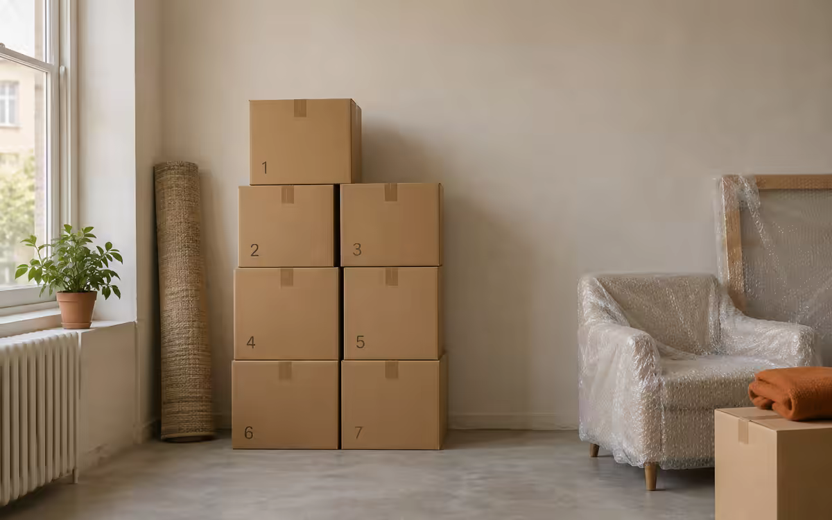 Cajas numeradas apiladas contra una pared