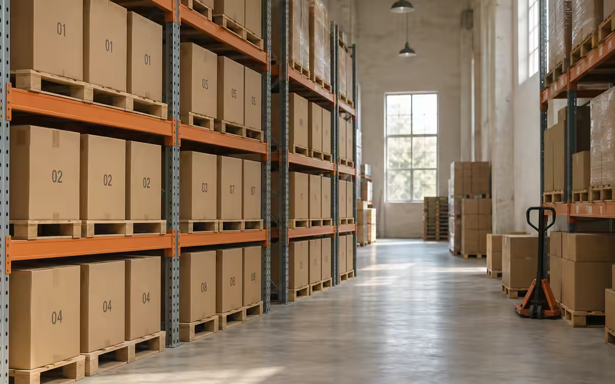 Bodega con cajas numeradas en racks